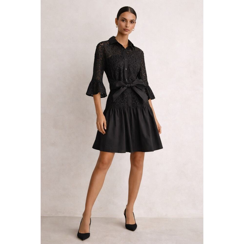 New Derek Lam 10 Crosby Black Eyelet Lace Belted Mini Dress Small 2 Chic